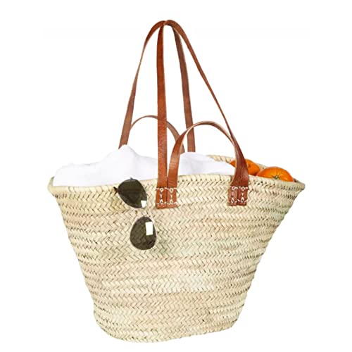 FRENCH BASKET with double flat leather handles, straw bag, beach bag, basket bag, shopping basket, wicker basket with handle, straw market basket (Large, Tan Brown)