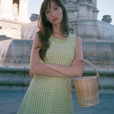 Victoria Petersen wearing a Camée Leone Vintage Green Gingham Dress in Saint-Germain-des-Près, Paris, France