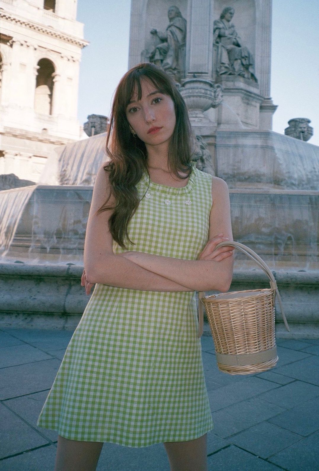 Victoria Petersen wearing a Camée Leone Vintage Green Gingham Dress in Saint-Germain-des-Près, Paris, France