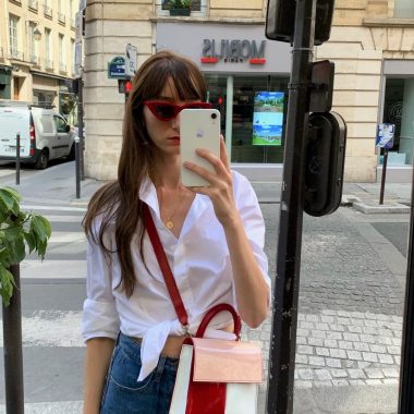 French Fashion Brands to Know if You Love French Style - by Victoria Petersen - wearing a Figaret button-up shirt, Carel handbag, Rouje jeans, and Rendel sunglasses