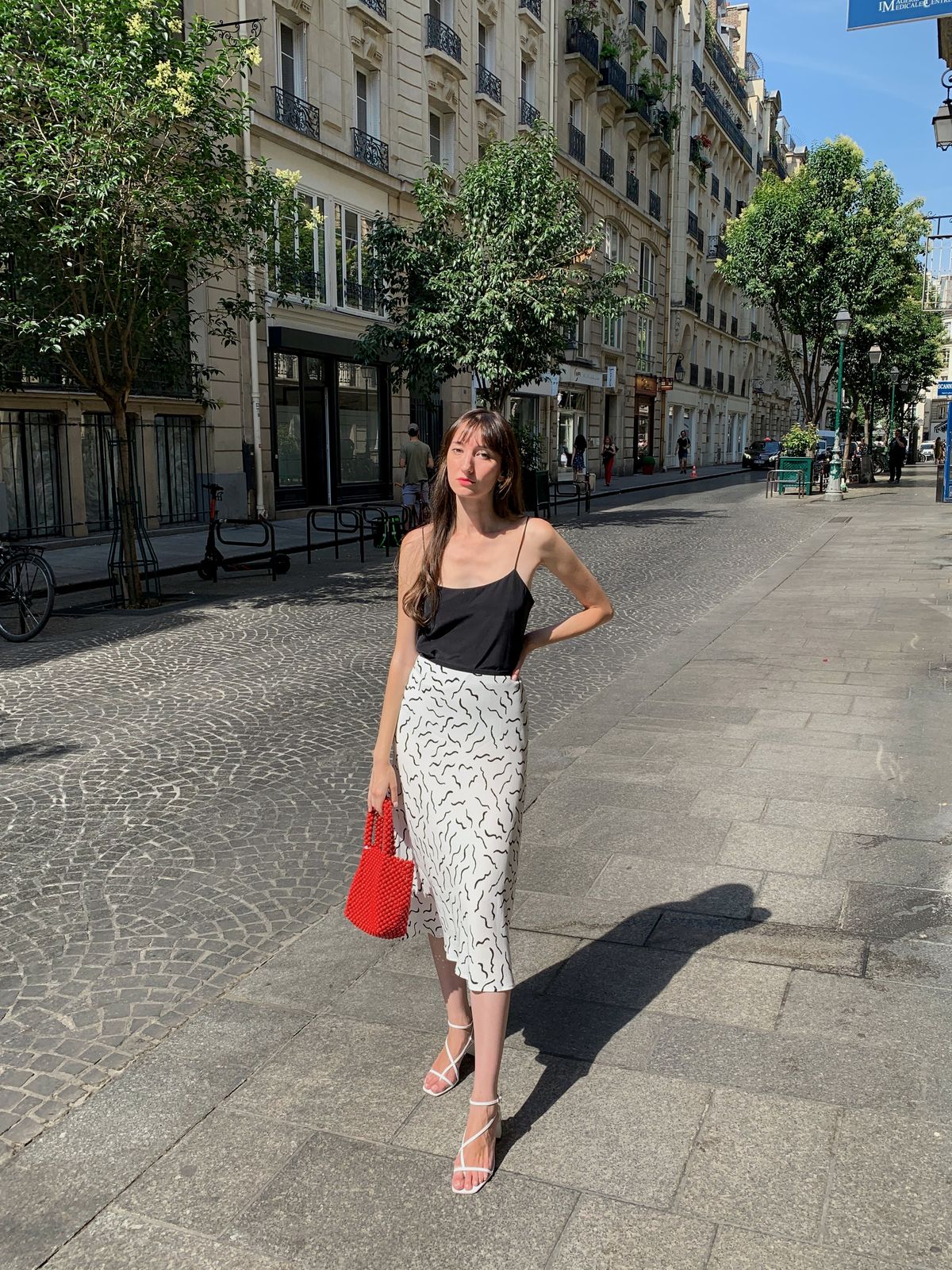 DVF skirt, Grana top, look from Zalando