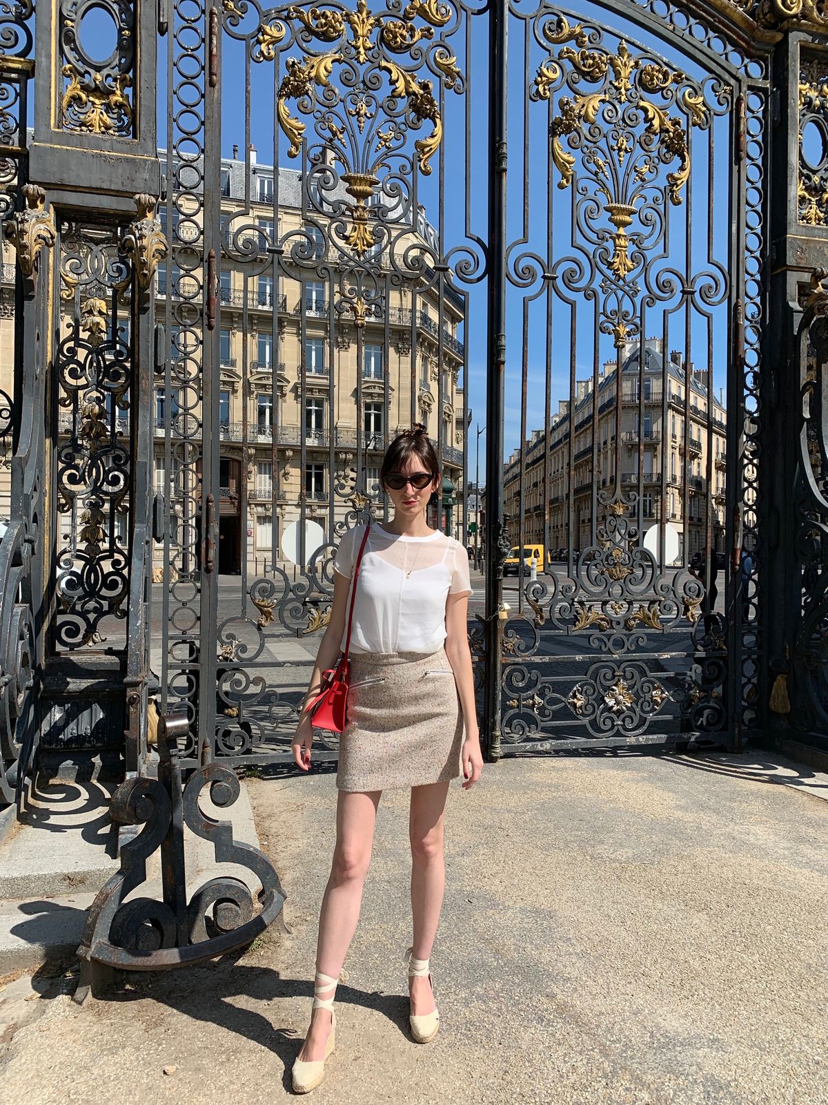 Comptoir des Cotonniers top, Sandro Skirt, Mansur Gavriel bag, Castaner espadrilles