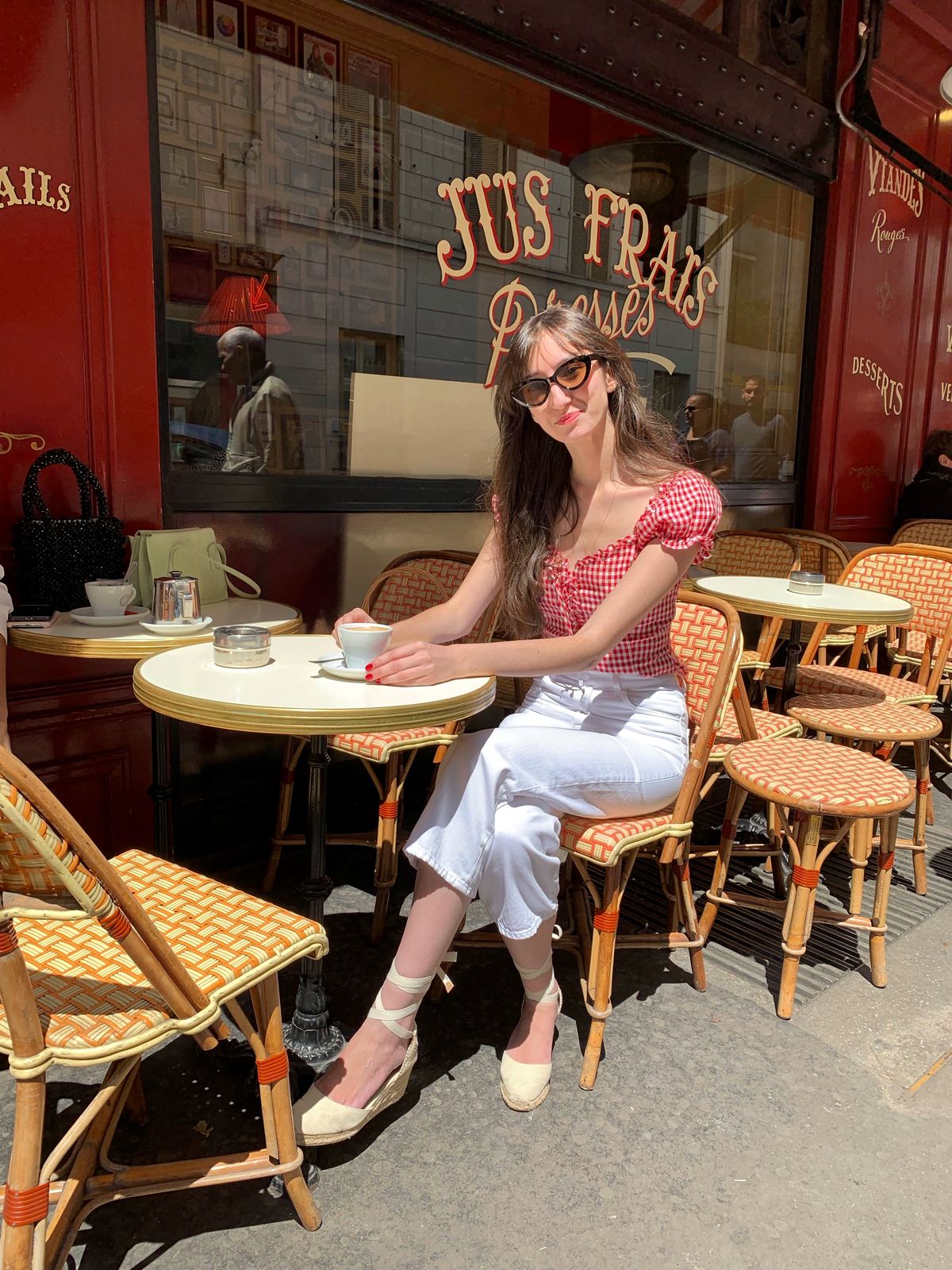Reformation gingham top, white J Brand jeans, Castaner ivory espadrilles