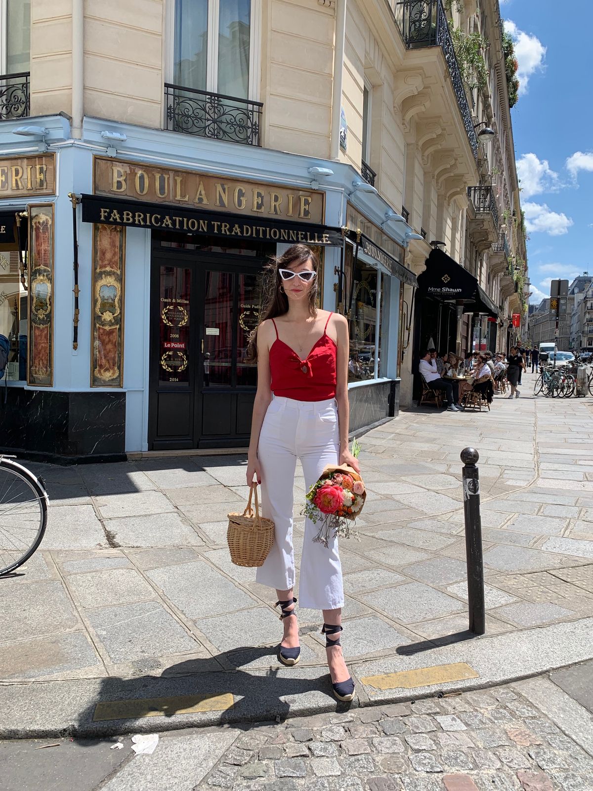 Reformation top, basket bag, white J Brand jeans, Castaner espadrilles