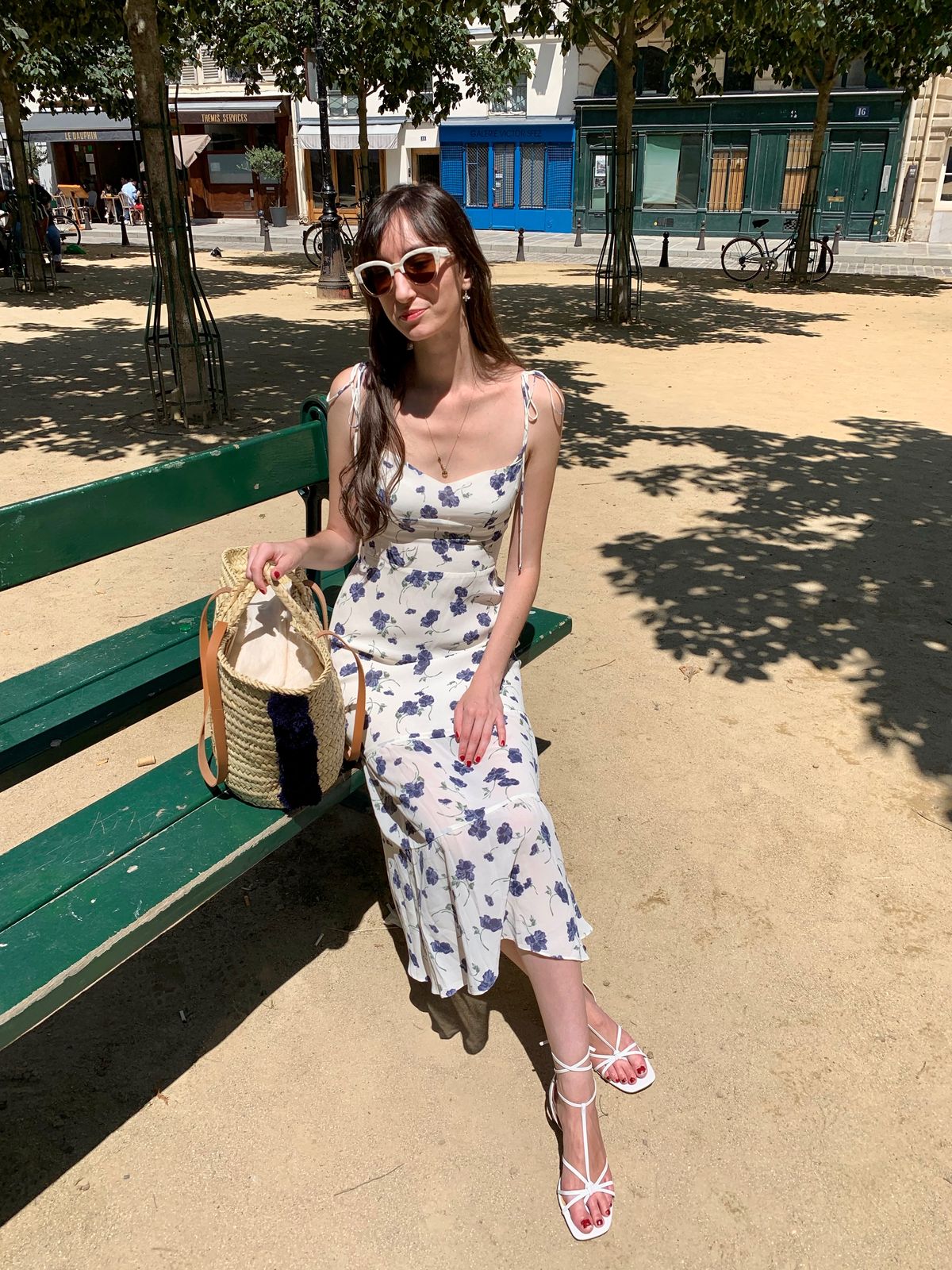 Reformation dress, Sézane bag at Place Dauphine