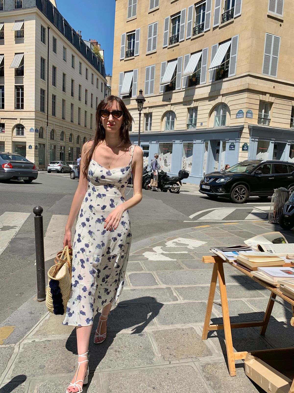 Reformation dress, Sézane basket bag in Saint-Germain-des-Pres