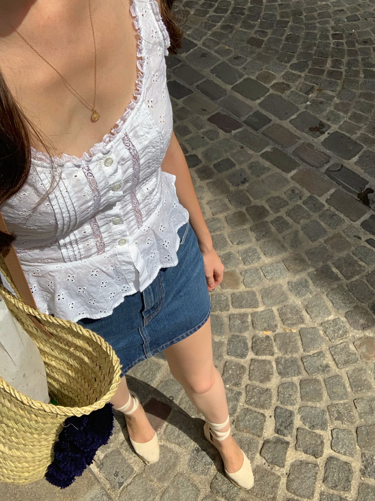 H&M lace top, Reformation jean mini skirt, Castaner ivory espadrilles