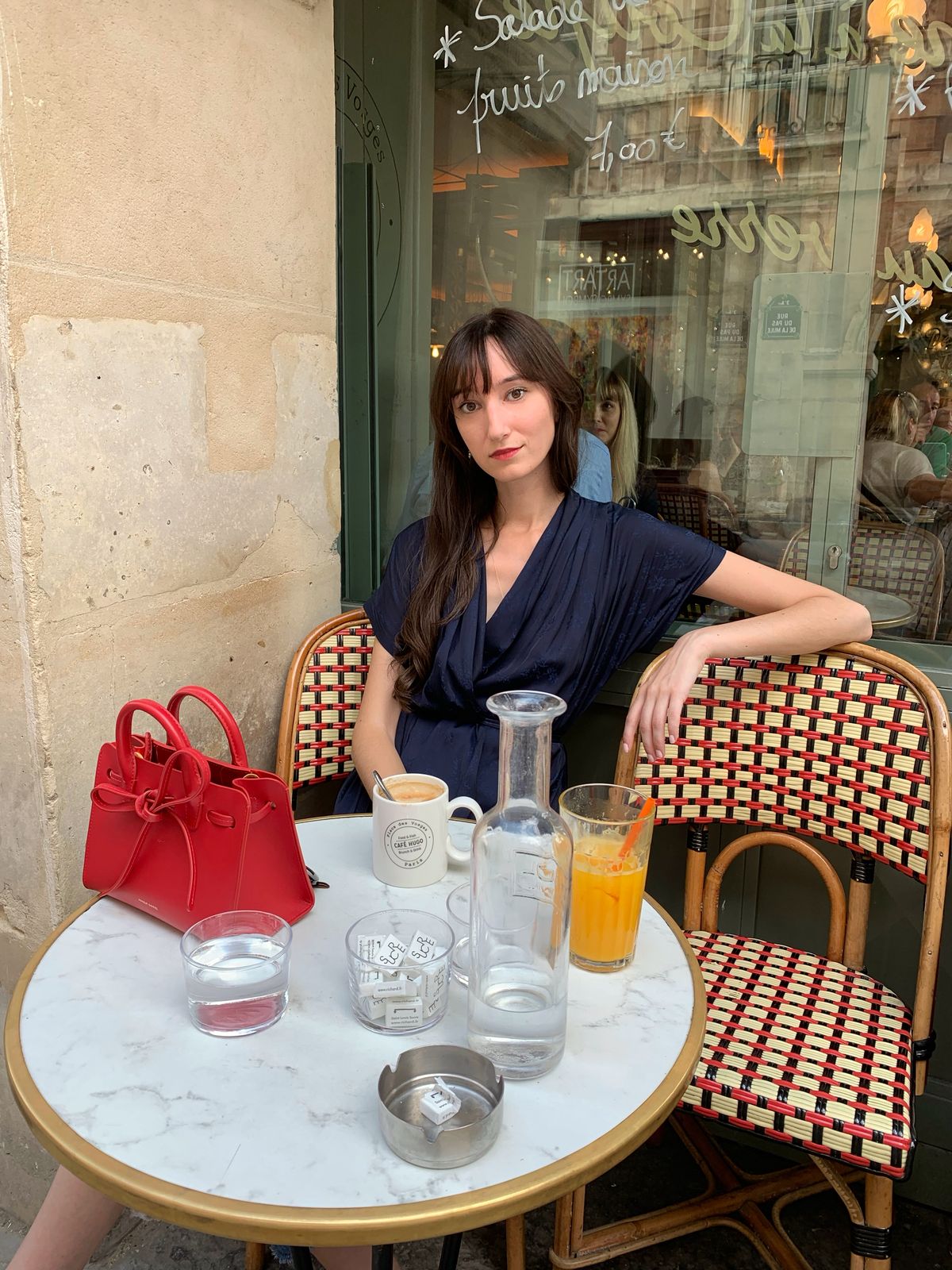 Samsoe & Samsoe navy top, red Mansur Gavriel mini bag