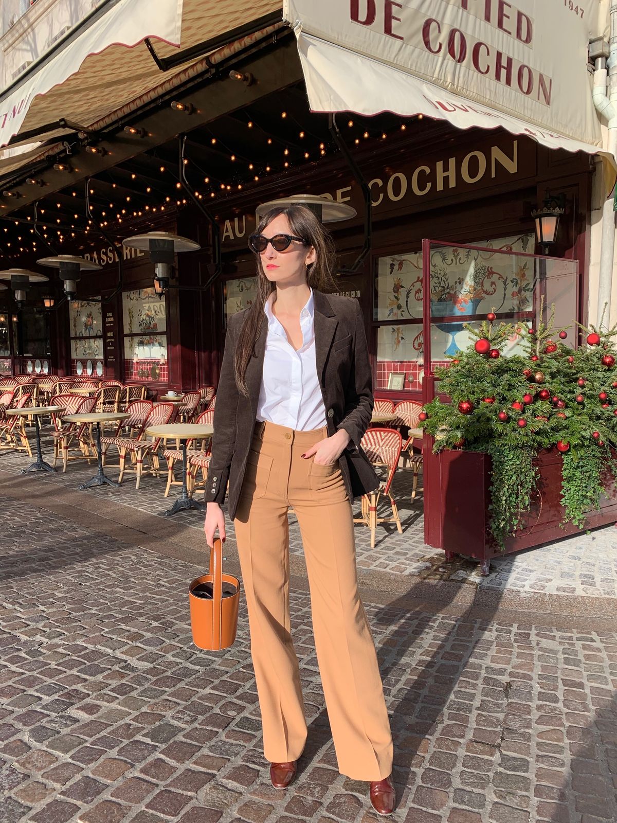 Parisian Winter Look: Dark brown blazer, Staud bag, Nathalie Dumeix Jeanne Pant, Figaret top