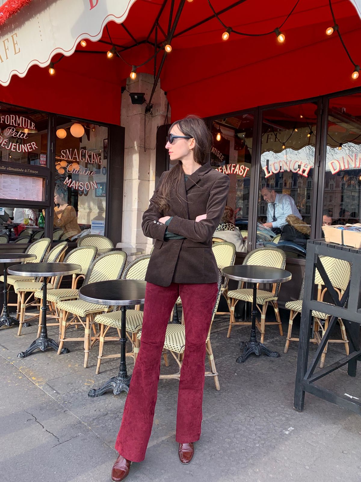 Parisian Winter Look: Bordeaux Suede flared pants, Brown Courduroy Blazer