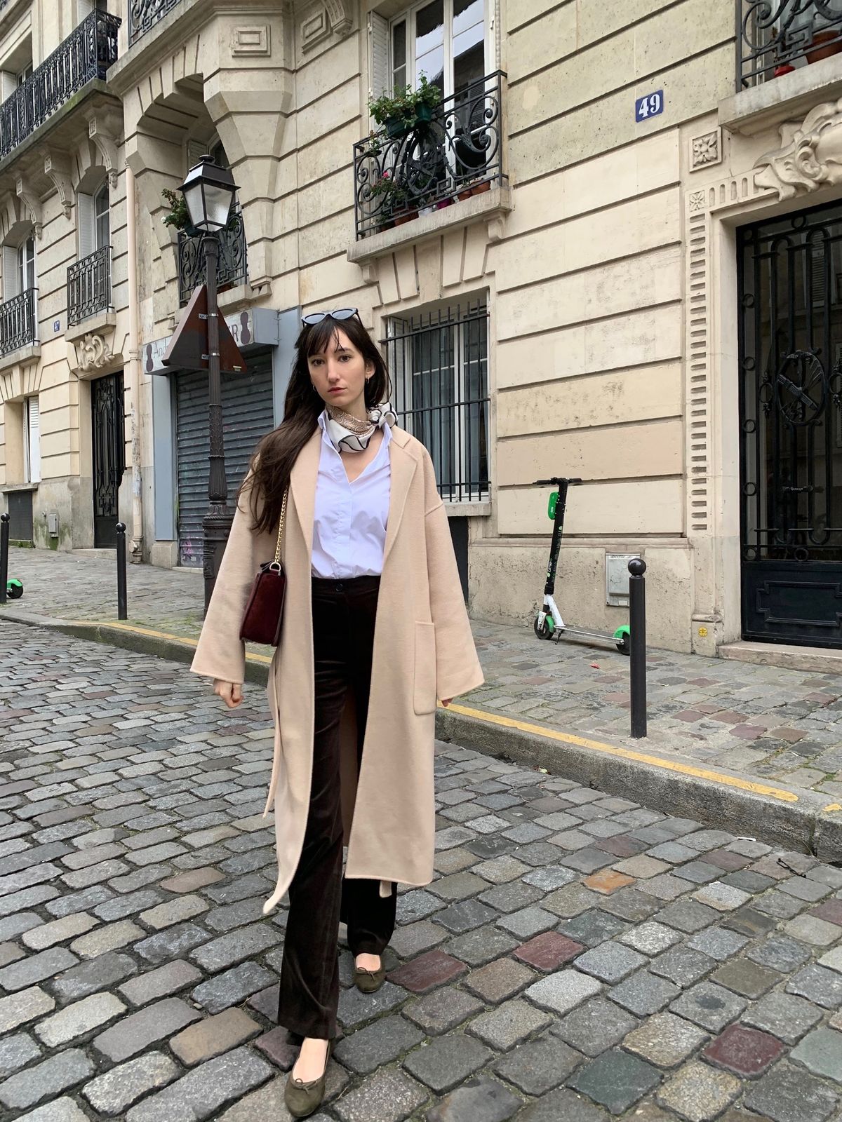 Parisian Winter Look: Beige Wool Wrap Coat, Figaret White Button-up, Nathalie Dumeix Jimmy Pants