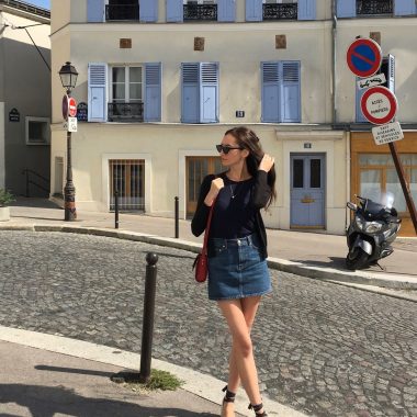 French Wardrobe Essentials - Navy t-shirt, Reformation jean mini skirt, Castaner espadrilles, APC handbag