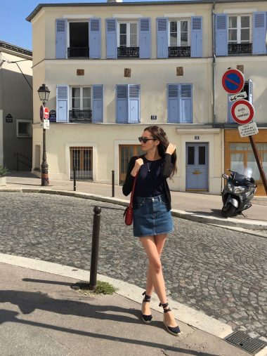 French Wardrobe Essentials - Navy t-shirt, Reformation jean mini skirt, Castaner espadrilles, APC handbag